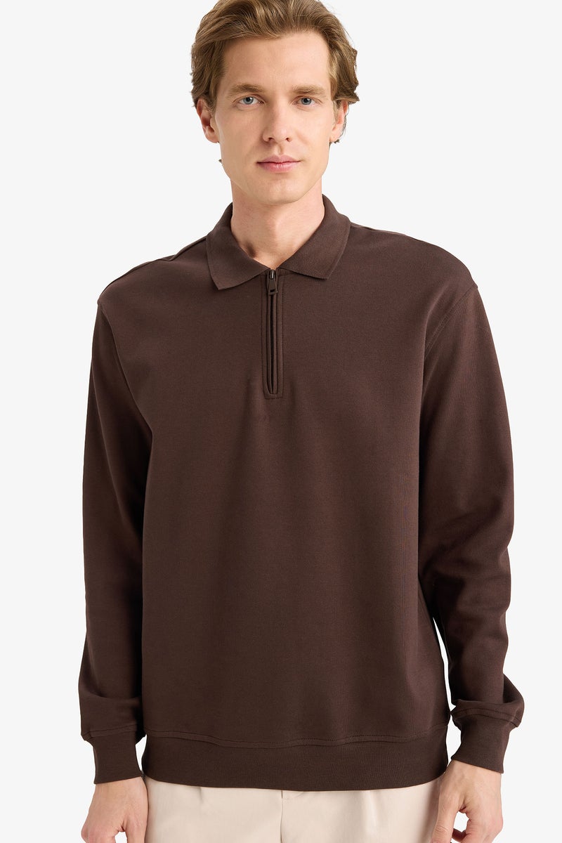 DeFacto Brown Man Regular Fit Polo Collar Sweatshirt with Half Zip Casual - Image 1